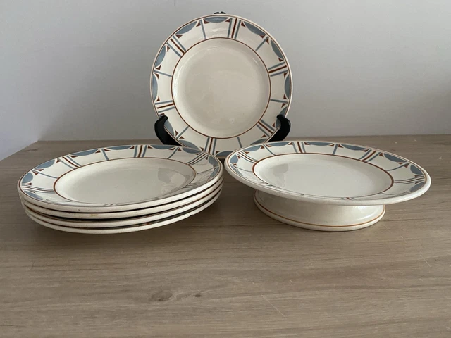 Suite 5 Assiettes Longwy – Modèle Ketty – Art Déco Japonisant – État D'origine