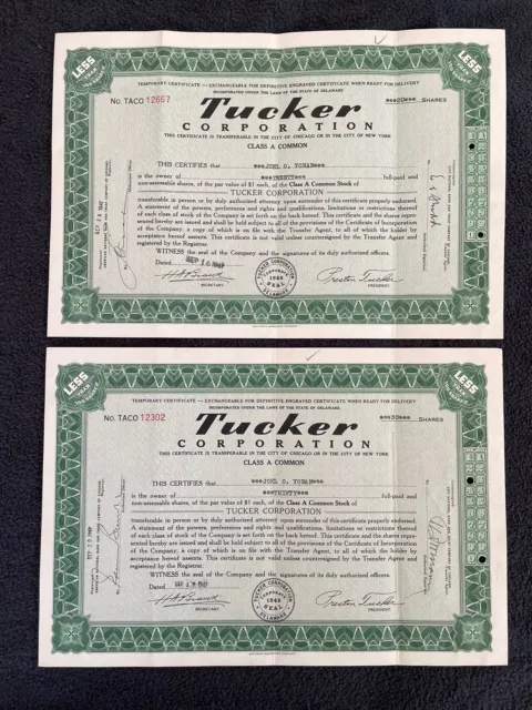  Two (2) Tucker Corporation Class A Common Stock Certificates 1947 Automobile 