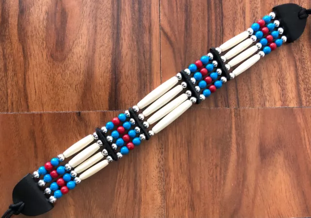 Buffalo Bone Choker Necklace Beaded Stone Native American Indian Tribal Red Blue