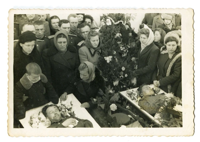 TWO Killed soldiers men post mortem funeral mourning family child odd vtg photo