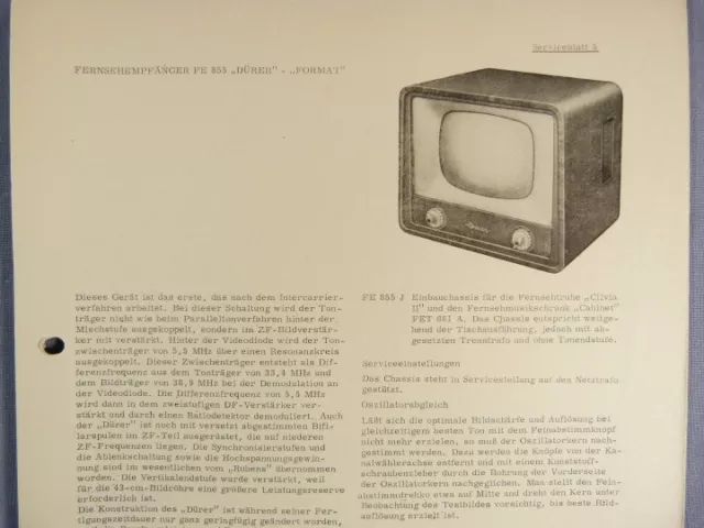 FE 855 DÜRER - FORMAT Fernseher Serviceblatt 5 mit Schaltplan Anleitung aus DDR