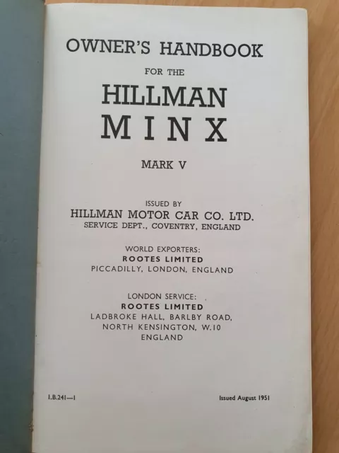 Genuine Original Vintage Hillman Minx Mark V Owners Handbook 1951 2