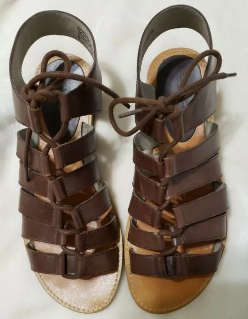 Hinge Roman Gladiator Strappy Lace-Up Flat Womens Sandal Brown Leather 8 2