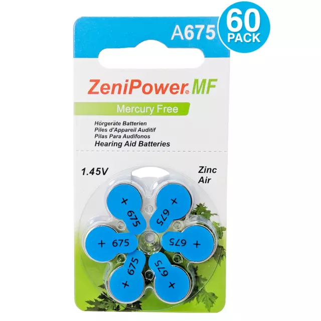 ZeniPower Size 675 1.45V MF Hearing Aid Battery (60 Batteries)