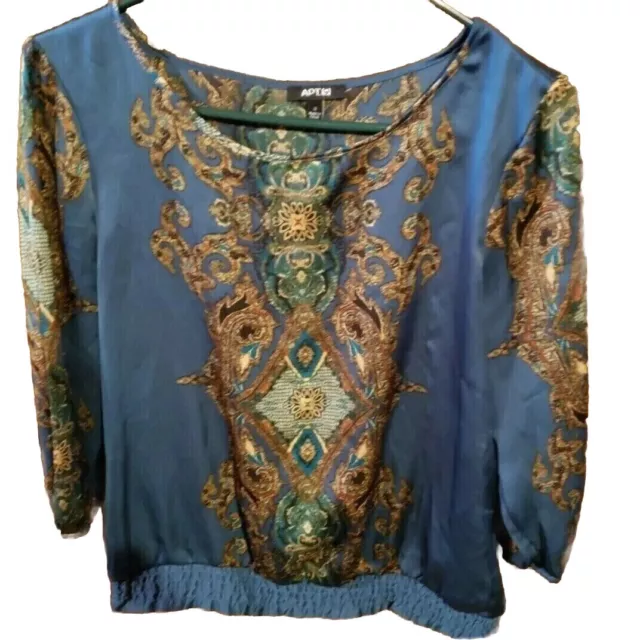 Apt 9 Teal Green Multicolor Silk Blouse 3/4 Sleeves Top Elastic Waist Womens L