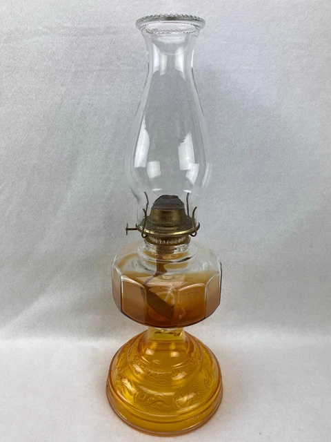Vintage Kerosene Oil Lamp Ornate Amber Glass Base P&A Eagle Burner with Chimney