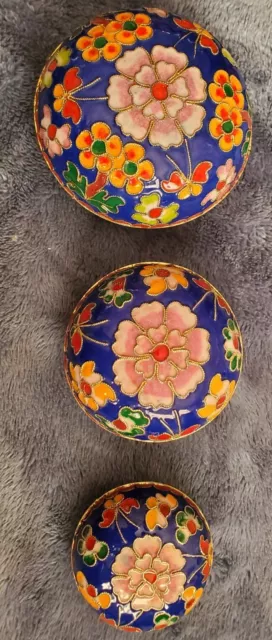 Cloisonne Hand Crafted Chinese Jewelry Box Floral Blue Yellow , set of 3 pcs. 2