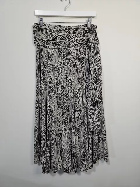 Lapis Womens Maxi Skirt Size Medium Black White Leaf Print Pull On Tie Waist