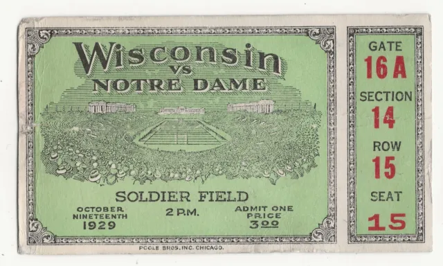 Rare 1929 University of Notre Dame vs. Wisconsin ticket stub; college football