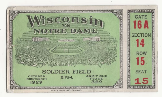 Rare 1929 University of Notre Dame vs. Wisconsin ticket stub; college football