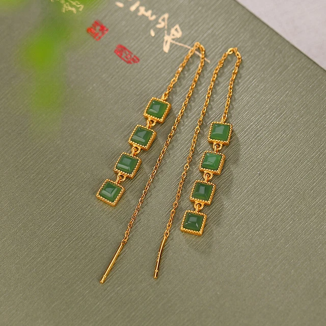 Natural Grade A Green Jade 4mm Bead With 925 Sterling Silver Dangle Earrings