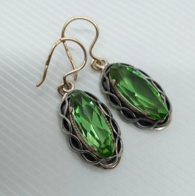 Cute Vintage Womens Earrings Sterling Silver 875 USSR Green Unique Designs