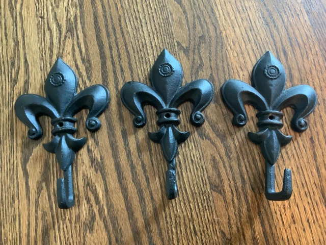 Cast Iron Fleur De Lis 7” Wall Mount Hooks Coat Purse Towel Heavy Lys Free Ship