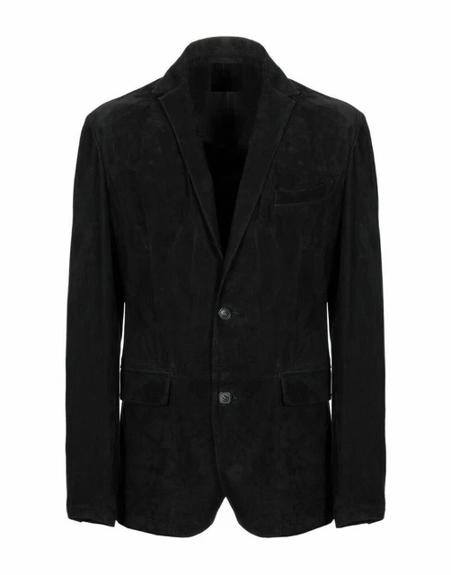 Nero Pelle Giacca Uomo 100% Puro Camoscio Cappotto Due Bottoni Nera Vintage