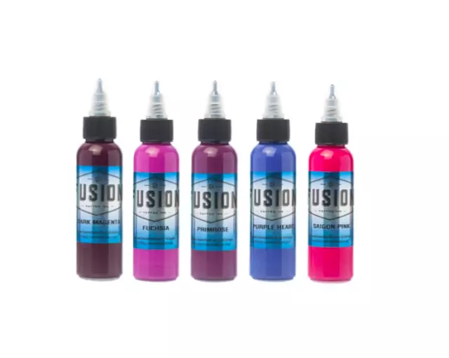 FUSION Tattoo Inks Deep Dark Pink Magenta Rose Tones Set of 5 Bottles 1/2 oz USA