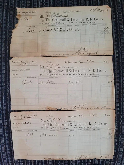 Lot Of 3 Cornwall & Lebanon Railroad Freight Reciepts