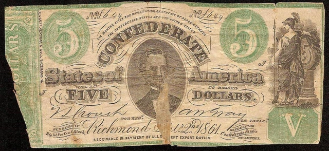 1861 $5 Bill Upham Confederate States Counterfeit Civil War Note Ct-33/250C