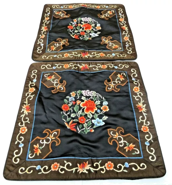 Vintage Hand Embroidered Silk Pillow Cover 16 in Pair New