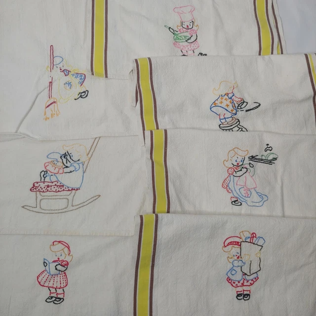VINTAGE HAND EMBROIDERED Dish Tea Towels & Count Yellow Stripe Chore