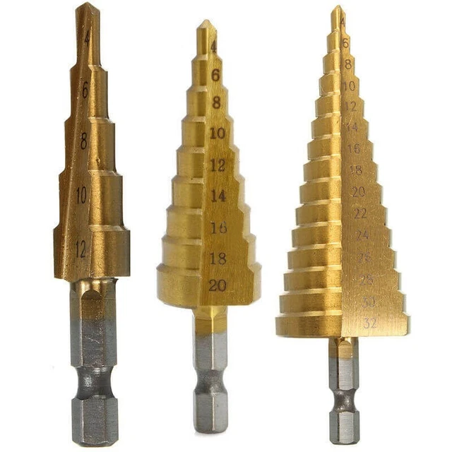 Cone Step Drill Bit HSS DIY Dint Golden Hex Home Metal Shank Tool 3 Sizes