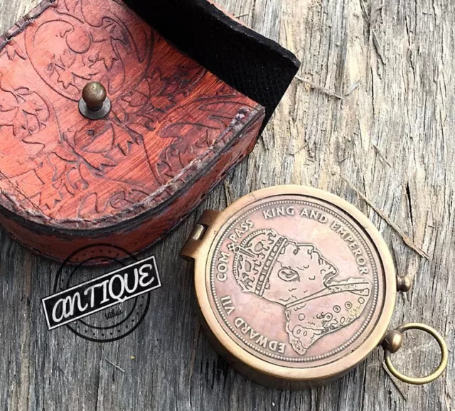 Vintage Kompass Rot Leder Kiste Edward VII Marke Antik Stil Klein Rund C