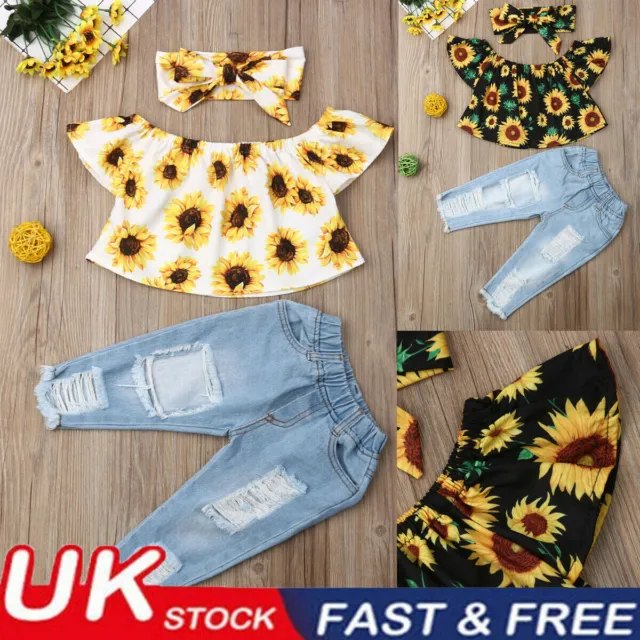 Toddler Baby Girls Sunflower Short Sleeve Tops+Denim Pants Jeans Outfits Set