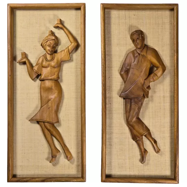 1960’s Mid Century Carved Teak Man and Woman Wall Plaques TIKI Style Philippines