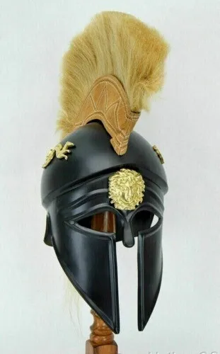 Medieval Greek Corinthian Helmet with Black Plume, Armor Knight Spartan Costumes