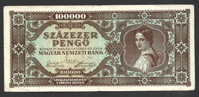 100 000 Pengo Very Fine-Fine  Banknote From  Hungary 1945 Pick-121