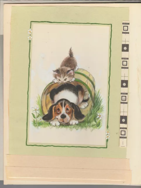 CANT WAIT TO SEE THE DAY Dog in Barrel w/ Cat 7.5x9.5" Greeting Card Art #C9648
