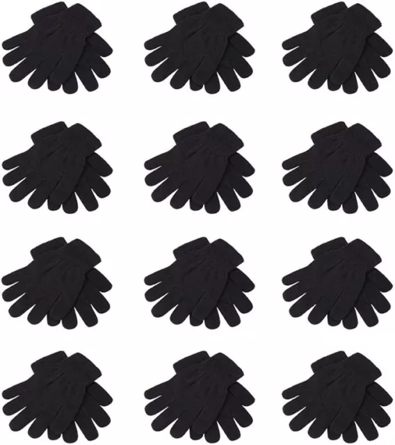 New Adult Unisex 12 Pairs One Size Fits All Black Winter Warm Magic Gloves