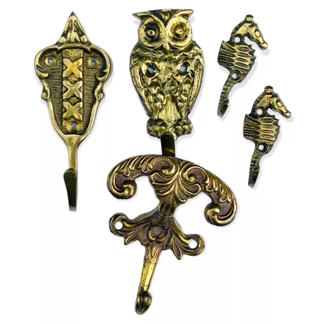 Lot 5 Vintage Brass Wall Hooks Ornate Owl Seahorse B13