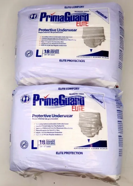 Size Large protective underwear adult diaper 2 packs of 18 PrimaGuard Elite 2