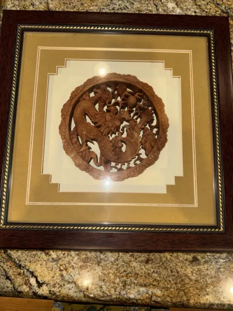 Handmade Dragon Teak Wood Carving Artwork Asian Framed In A Shadowbox Exquisite