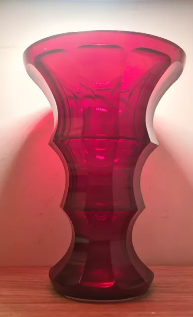 Vintage Red Ruby Crystal Glass Vase Brutalist - Bohemian ? Large & Heavy 22cm