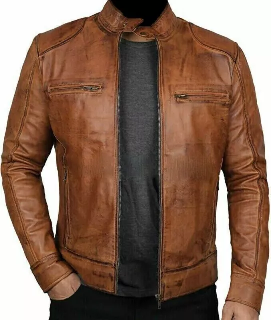 Noora Men's Biker Cafe Racer  Motorcycle Distressed Brown Leather Jacket