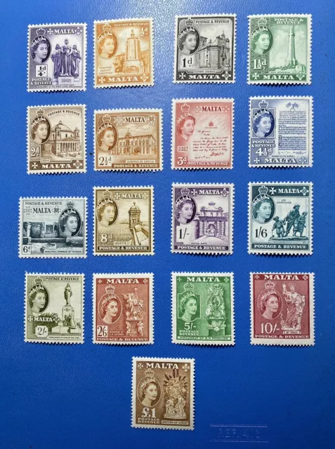 Malta 1956-58 QEII ¼d to £1 Full Complete Set  SG266-282 Definitives MH Nice Set