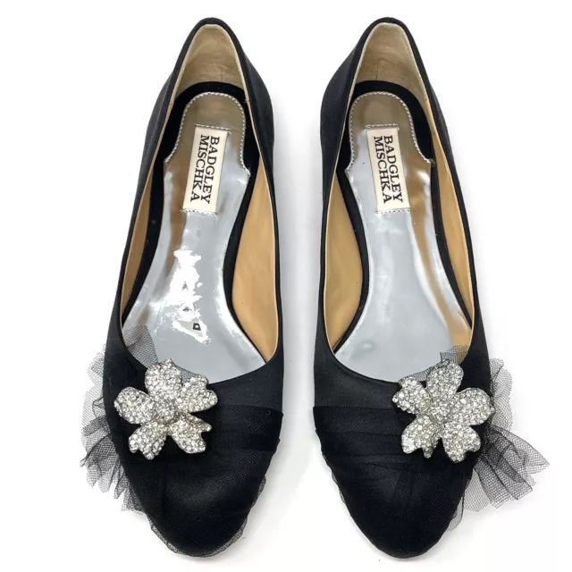 BADGLEY MISCHKA Ballet Flats Womens SIZE 7M Black Satin Shoes Frivole Flower NEW