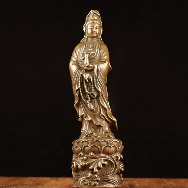 Old Chinese brass copper Handcarved Lotus Guanyin Buddha statue ornament 9036