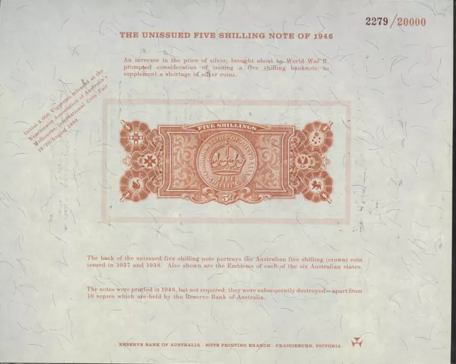 1989 Australia 5 Shilling - NPA Uniface Vignette 2279 of 20,000 issue & Envelope