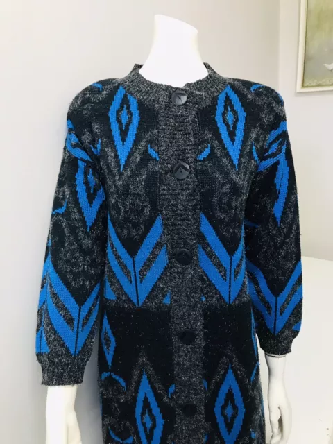 Original Vintage 80s Cardigan Knit Long ,Blue Abstract , Large Size , Retro