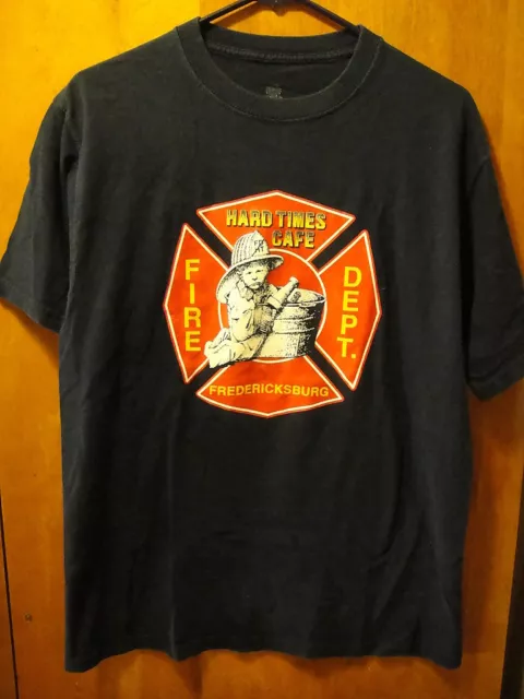 FIRE DEPT Fredericksburg VA HARD TIMES CAFE ~Keep Back 500 FT~ T Shirt MED Blue