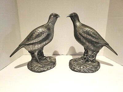 Ceramic Bird Silver Black Metallic Hand Painted Set Of 2 Statues 9 1/4"