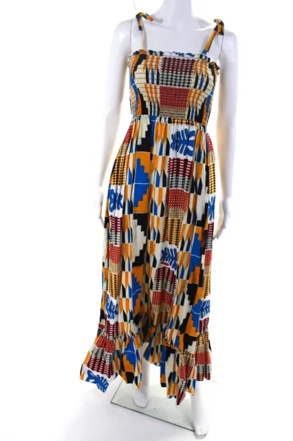 Royal Native Womens Smocked Abstract Maxi A Line Dress Red Blue Yellow Medium