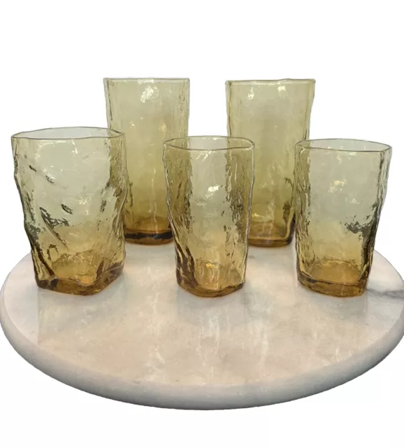 Vintage Set 5 Morgantown Seneca Driftwood Amber Crinkle Glass Drinking Tumblers