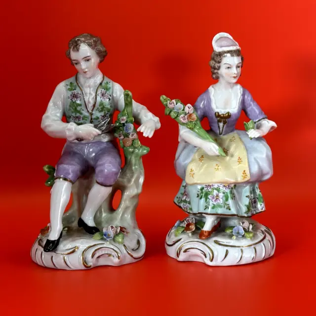 Pair Sitzendorf Porcelain Figurines - The Gardener's Beautiful Colour