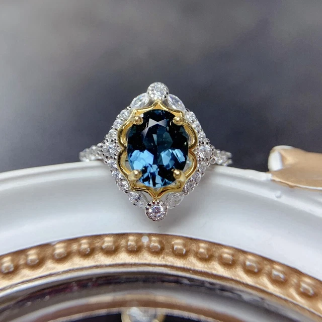 Naturel Topaze Bleu Londres 2.20Ct Ovale Halo Bague de Fiançailles 14K Blanc Or