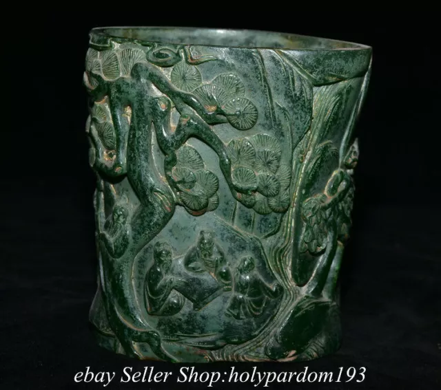 6.2" Old Chinese Green Jade Carved Dynasty Tree Figure Brush pot Pencil vase