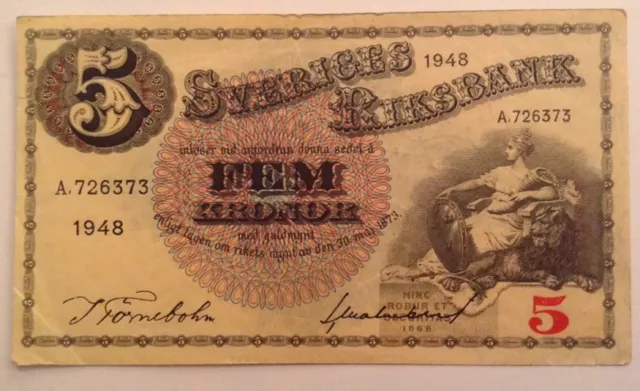 Sweden Banknote. 5 Kronor. Dated 1948