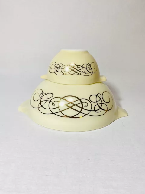 Pyrex Golden Scroll Cinderella Chip and Dip Nesting Bowls ~ Promotional 1959 Pyrex Golden Scroll Cinderella Chip and Dip Nesting Bowls ~ Promotional 1959
